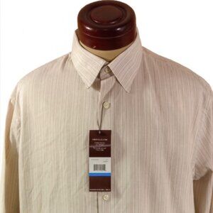 Perry Ellis Men’s Long Sleeve Dress Shirt Cream Green Striped 100% Cotton XL